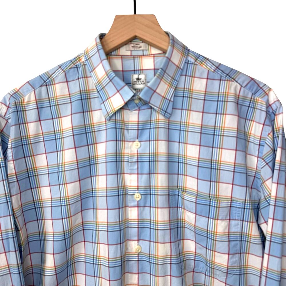 PETER MILLAR Button Down Shirt Size L Cotton Plaid Summer Preppy Camping Golf